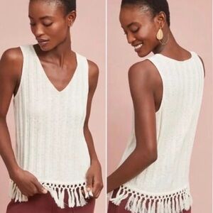 Anthropologie Ivory V-Neck Tank with Fringe Hem